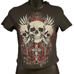 Social Collision Skull Wing Crystal Short Sleeve Crop Top Junior’s XS